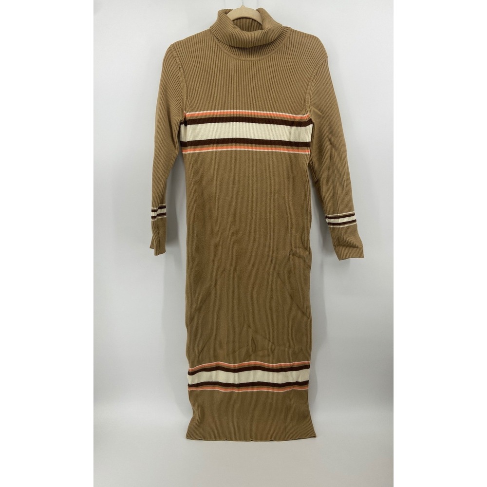 Free People Ribbed Turtleneck Sweater Dress Brown Stripe Maxi Western Grunge Med